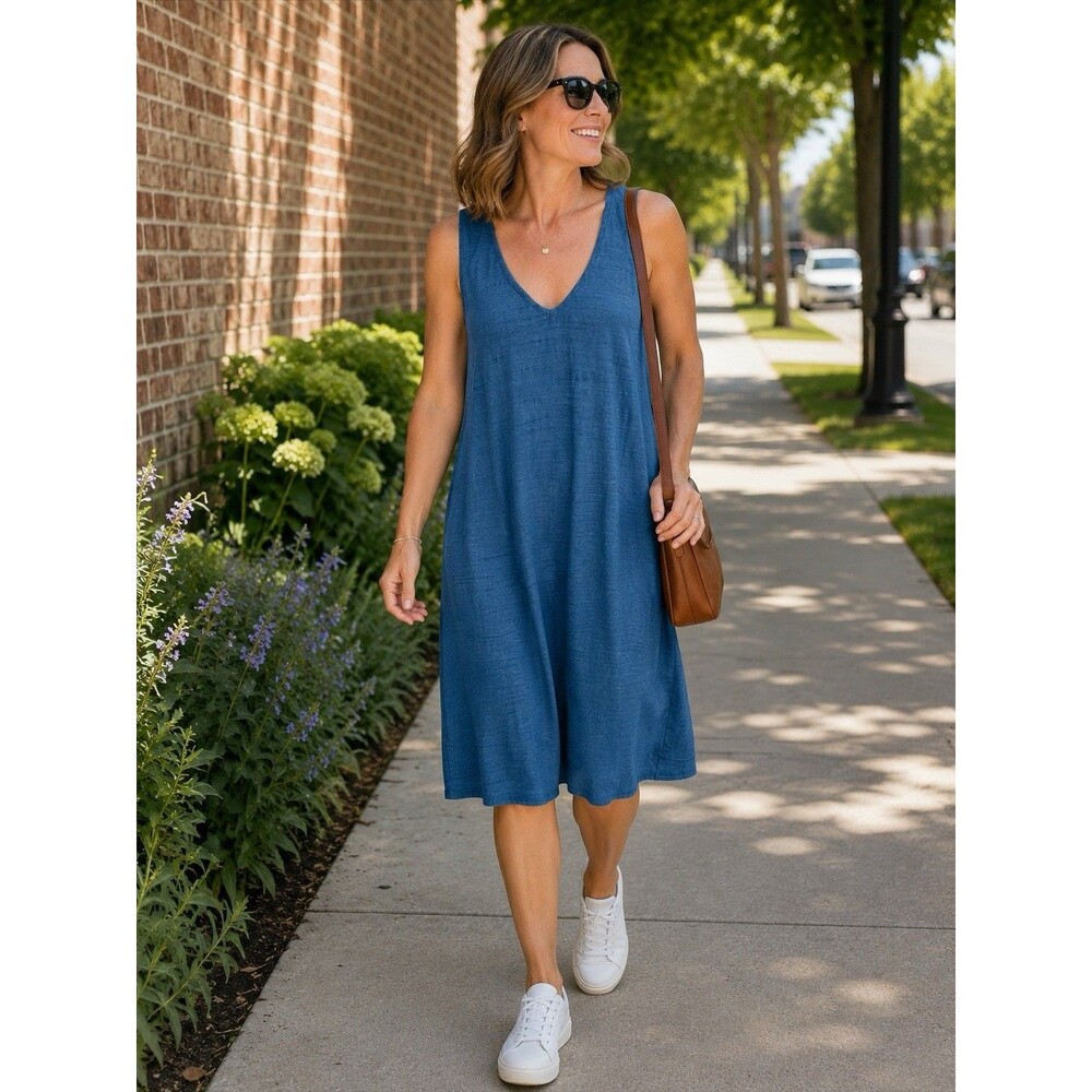 Faherty Tank V-Neck Long Line Breathable Blue Women's Dress Size Medium Pockets